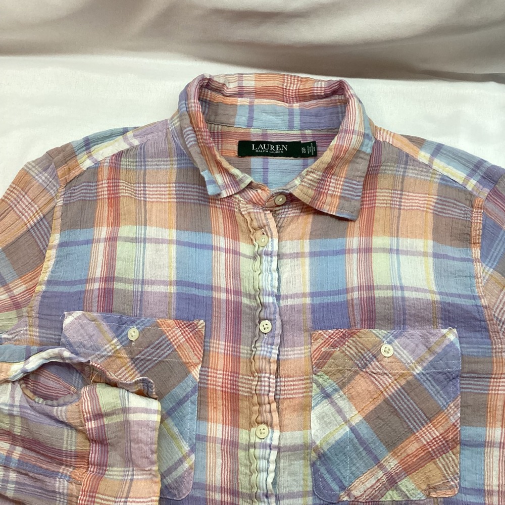 Lauren Ralph Lauren Womens XL Pastel Plaid Cotton Gauze Button Down Shirt Top